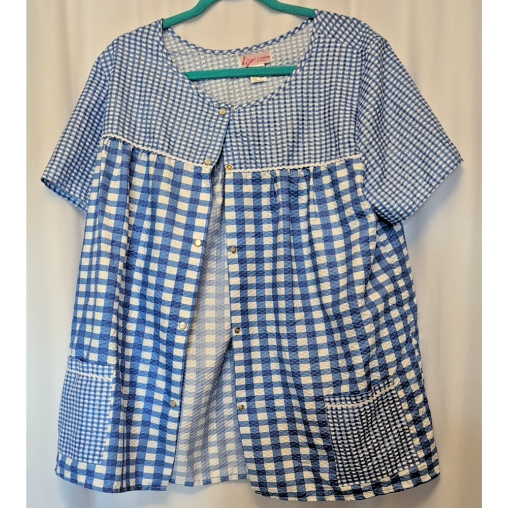 90s VTG Wmn's Sleep Top: XL TQTI fashion blue white check pockets snaps lightwgt